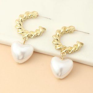 Twisted Hoops w/ Pearl Heart Pendant (Post Style)